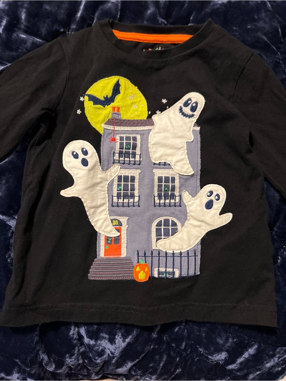 👻 Mini Boden Kids Black Halloween Ghost House Long Sleeve Shirt